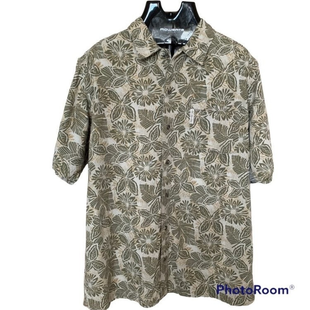 Columbia XCO Hawaiian/ floral button front shirt; brown/ green; men’s medium